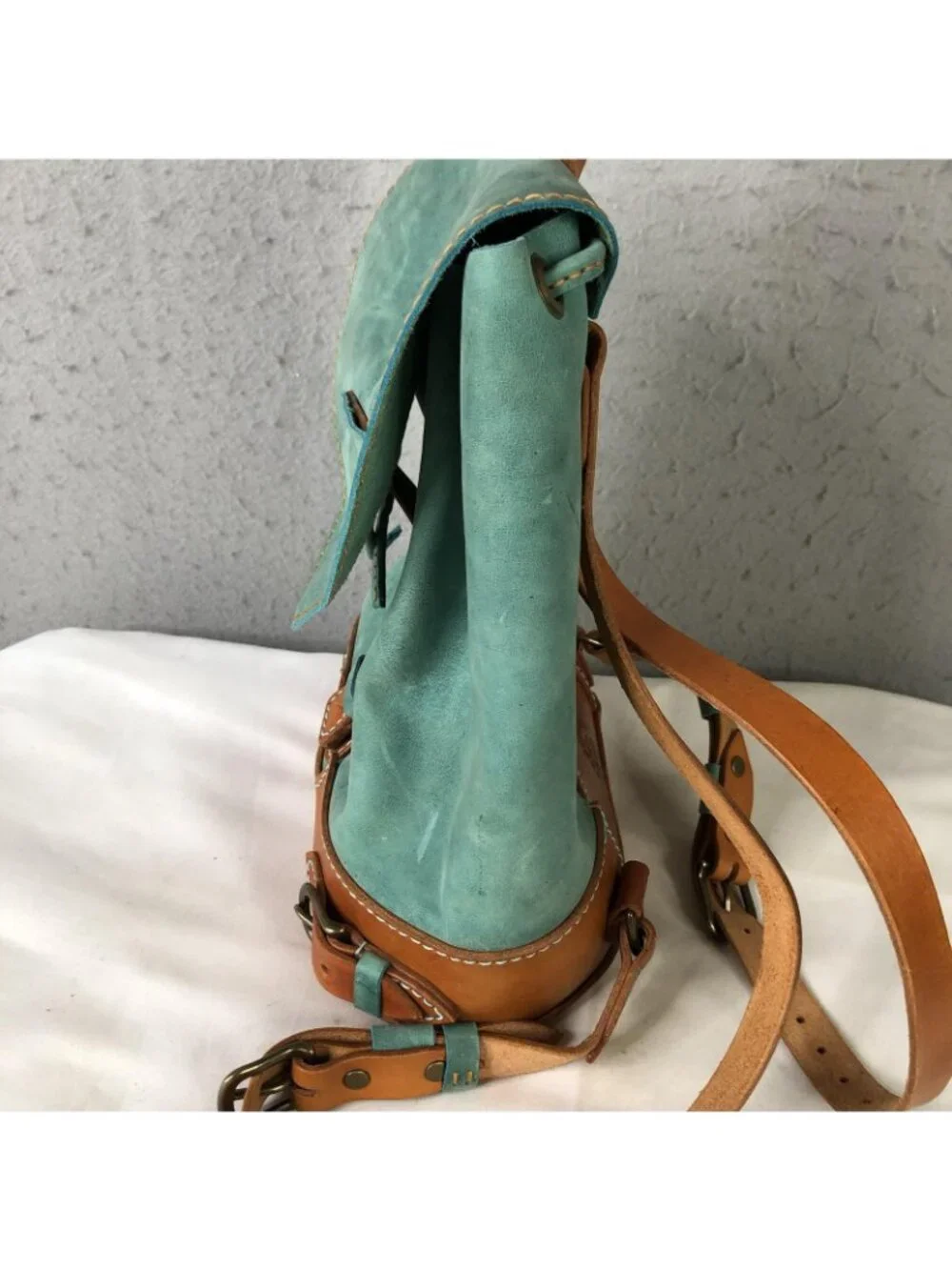 Bespoke Backpack Bag Womens Small Turquoise Brown Leather Boho Drawstring Casual - Picture 4 of 16